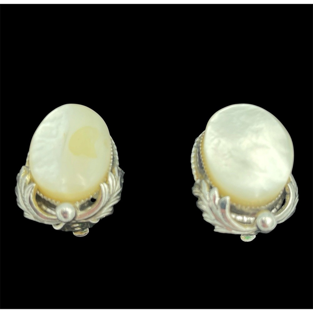 Whiting & Davis Co VTG Clip On Earrings Mother of Pearl Oval Leaf Unique Nouveau